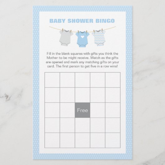 Bodysuit Baby shower Bingo Game Kaart - blauw (Voorkant)