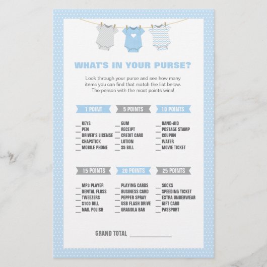 Bodysuit Baby shower Wat in uw Purse Game-Blue Briefpapier (Voorkant)
