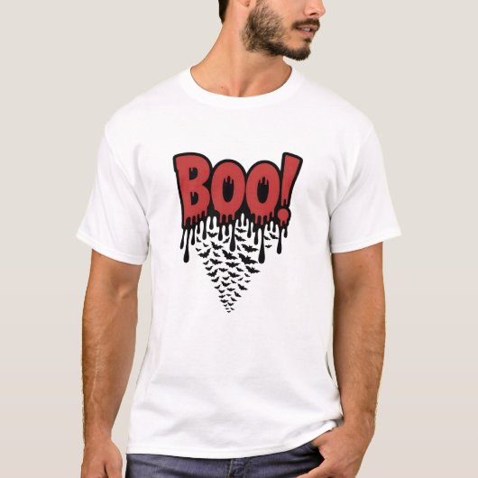 BOE! Druipende Rode Horror Tekst – Enge Halloween T-shirt (Voorkant)