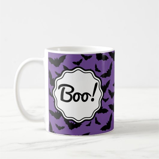Boe! Gepersonaliseerde Halloween Paarse zwarte vle Koffiemok (Links)