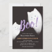 Boe! Ghost Cat Schattigee Paarse Halloween Party Kaart (Voorkant)