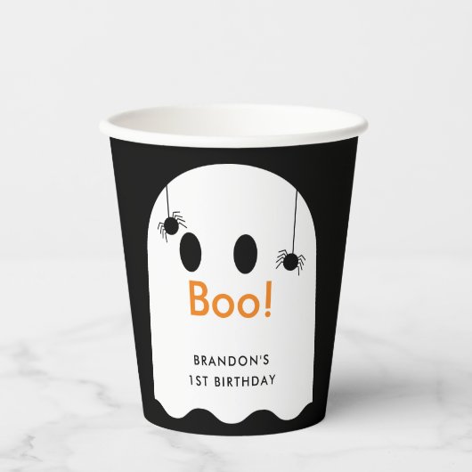 Boe! Halloween Ghost Boy Black Verjaardag Papieren Bekers (Voorkant)