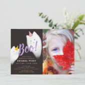 Boe! Halloween Ghost Cat Paarse foto Verjaardag Kaart (Staand voorkant)