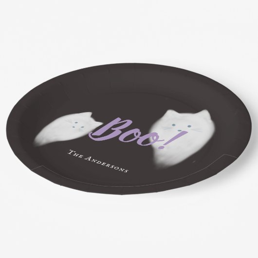 Boe! Halloween Ghost Cat Schattige Zwart Papieren Bordje (Gekanteld)