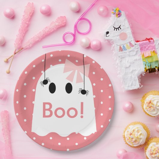 Boe! Halloween Ghost GIrl Ribbon Schattige Roze Papieren Bordje (Feest)