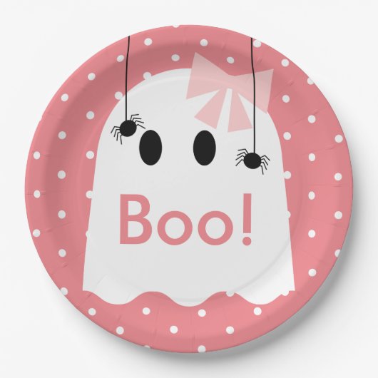 Boe! Halloween Ghost GIrl Ribbon Schattige Roze Papieren Bordje (Voorkant)