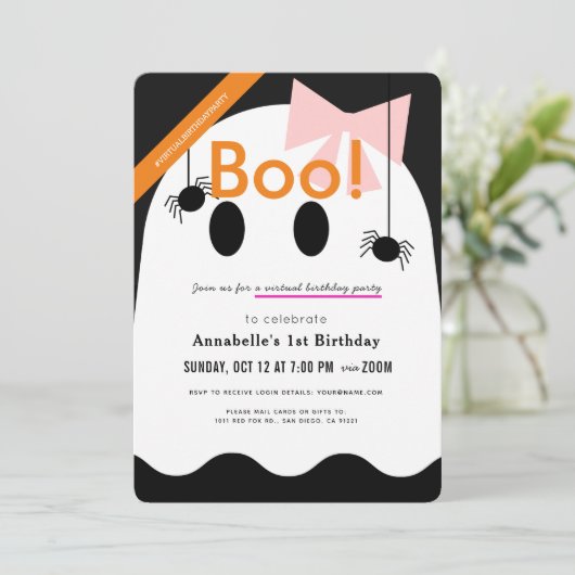 Boe! Halloween Ghost Girl Ribbon Virtuele Verjaard Kaart (Staand voorkant)