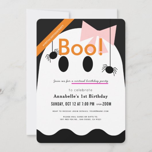 Boe! Halloween Ghost Girl Ribbon Virtuele Verjaard Kaart (Voorkant)