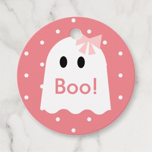 Boe! Halloween Ghost Meisje Roze Polka Dots Bedankjes Labels (Voorkant)