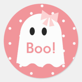 Boe! Halloween Ghost Meisje Roze Polka Dots Ronde Sticker