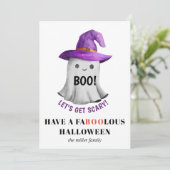 Boe! Leuke geest met paarse pet Halloween Feestdagenkaart (Staand voorkant)