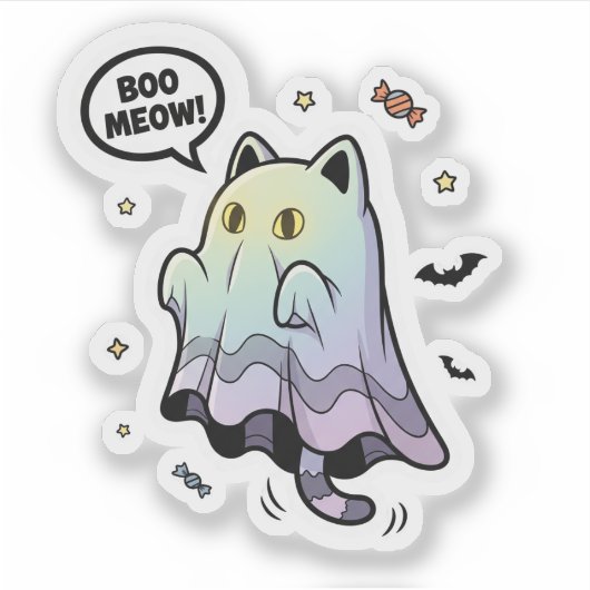 Boe, miauw! – Schattigee Ghost Cat Halloween Stick Sticker (Voorkant)