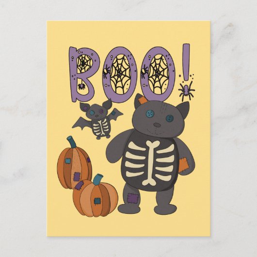 Boe! Schattige Patchwork Skelet Cat en Bat Hallowe Briefkaart (Voorkant)