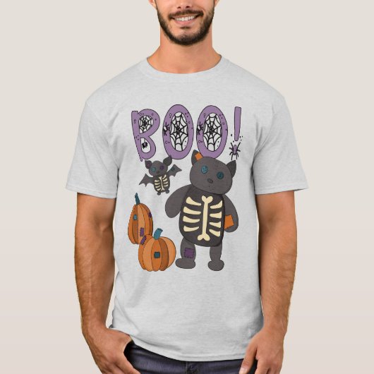 Boe! Schattige Patchwork Skelet Cat en Bat Hallowe T-shirt (Voorkant)