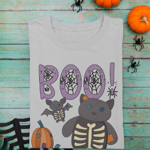 Boe! Schattige Patchwork Skelet Cat en Bat Hallowe T-shirt