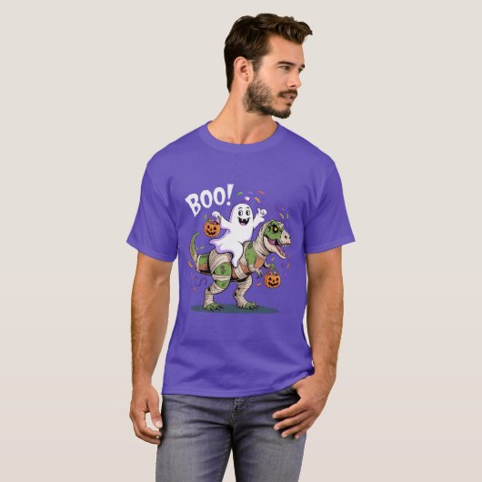 Boe! Schattigee Ghost Riding Mummy T-Rex Halloween T-shirt (Voorkant volledig)
