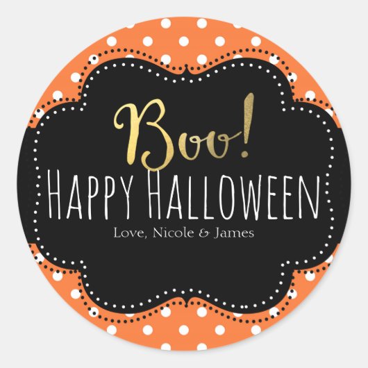 BOE! Sinaasappel & Witte Polka Dot Halloween Favor Ronde Sticker (Voorkant)