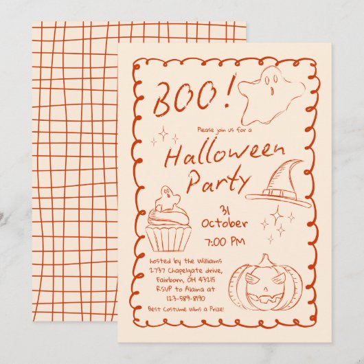 Boe! Trendy Hand getekend Sketchy Halloween Party Kaart (Voorkant / Achterkant)