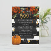 BOE! Zwart Wit Gestreepte Rozen & Pompoen Hallowee Kaart (Staand voorkant)