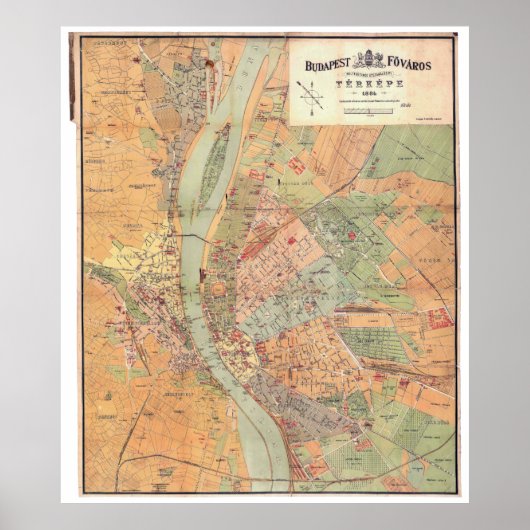 Boedapest Hongarije Map uit 1884 Poster (Voorkant)