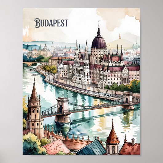Boedapest Hongarije Parlement Donau Rivier Silhoue Poster (Voorkant)