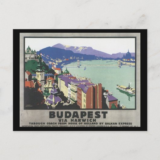 Boedapest via Harwich_Vintage Travel Poster Briefkaart (Voorkant)