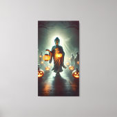 Boeddha begeleidende geesten met pompoenlantaarns canvas afdruk (Voorkant)