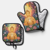 Boeddha, Hart van licht, Keuken, Bloemen,  Ovenwant & Pannenlap Set (Voorkant / Achterkant)