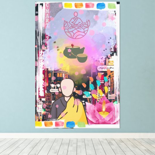 Boeddha in de stad canvas afdruk (Insitu (Houten vloer))