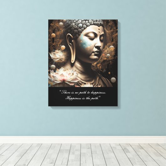 Boeddha Lotus Flower Happiness Quote Canvas Afdruk (Insitu (Houten vloer))