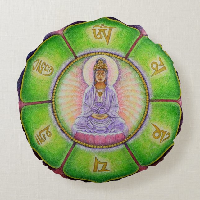 Boeddha Meditation OM Round Pillow Mandala Kuan Yi Rond Kussen (Achterkant)