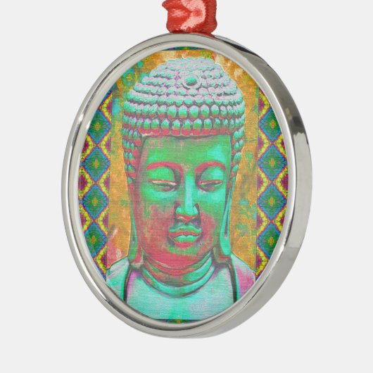Boeddha-Pop in het Blauwgroen Groen en Rood Metalen Ornament (Links)