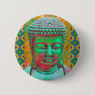 Boeddha-Pop in het Blauwgroen Groen en Rood Ronde Button 5,7 Cm