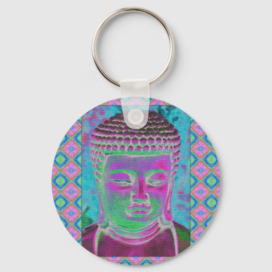 Boeddha-Pop in Magenta en Turquoise Sleutelhanger (Voorkant)
