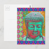 Boeddha-Pop met patchwork-grenzen in blauw en roze Briefkaart (Voorkant / Achterkant)