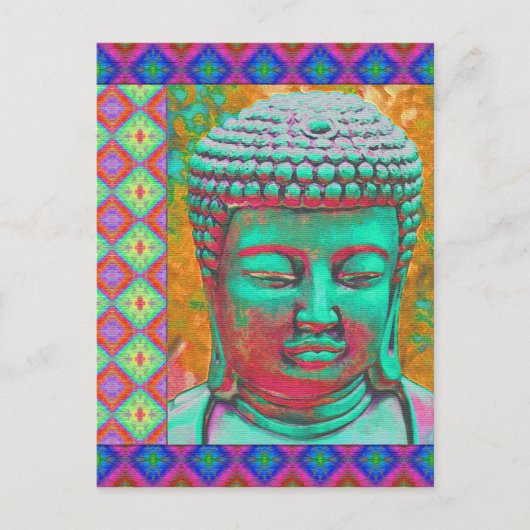 Boeddha-Pop met patchwork-grenzen in blauw en roze Briefkaart (Voorkant)