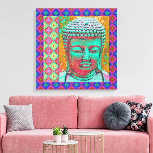 Boeddha-Pop met patchwork-grenzen in blauw en roze Canvas Afdruk (Insitu (Woonkamer))