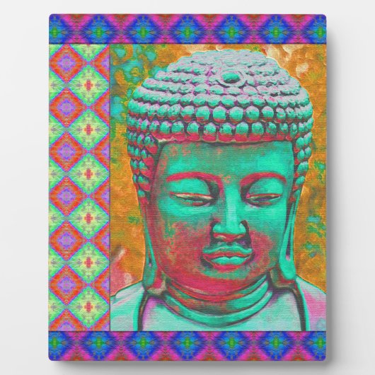 Boeddha-Pop met patchwork-grenzen in blauw en roze Fotoplaat (Voorkant)