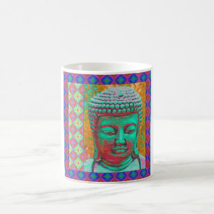 Boeddha-Pop met patchwork-grenzen in blauw en roze Koffiemok