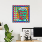 Boeddha-Pop met patchwork-grenzen in blauw en roze Poster (Thuiskantoor)