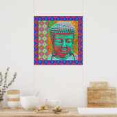 Boeddha-Pop met patchwork-grenzen in blauw en roze Poster (Keuken)
