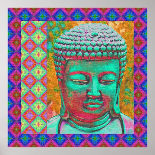Boeddha-Pop met patchwork-grenzen in blauw en roze Poster (Voorkant)