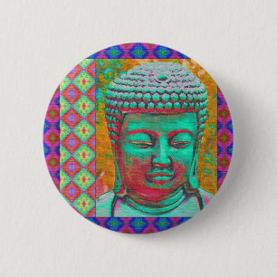 Boeddha-Pop met patchwork-grenzen in blauw en roze Ronde Button 5,7 Cm