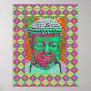 Boeddha-Pop met patchwork-grenzen in groen en rood Poster