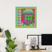 Boeddha-Pop met patchwork-grenzen in groen en rood Poster (Thuiskantoor)