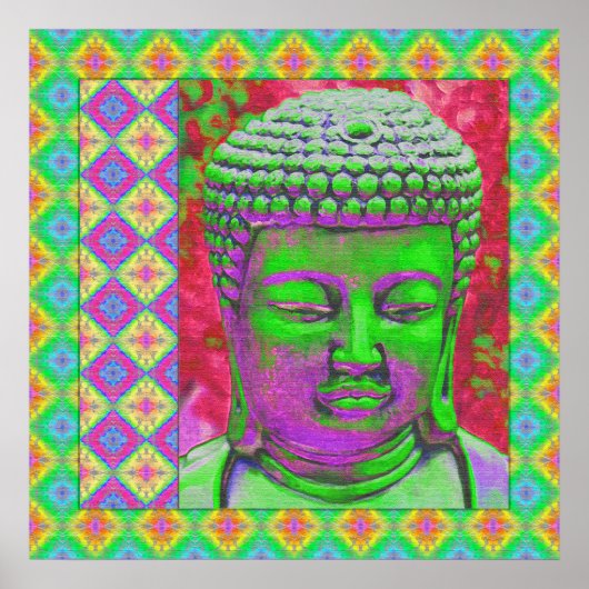 Boeddha-Pop met patchwork-grenzen in groen en rood Poster (Voorkant)