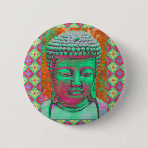 Boeddha-Pop met patchwork-grenzen in groen en rood Ronde Button 5,7 Cm
