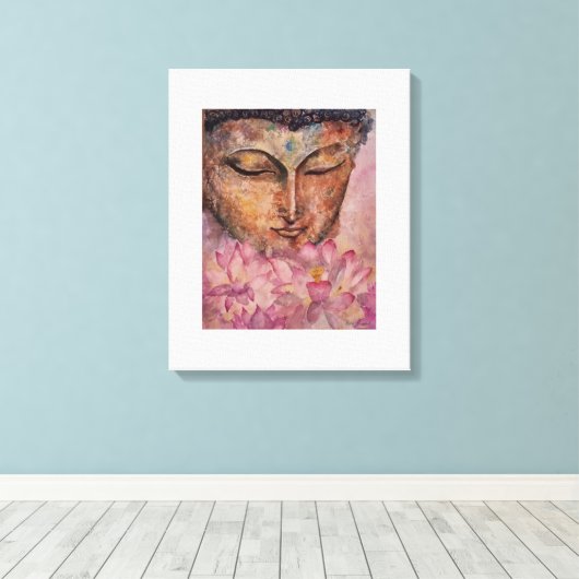 Boeddha Roze Lotus Waterverf Canvas 16x20 (Insitu (Houten vloer))