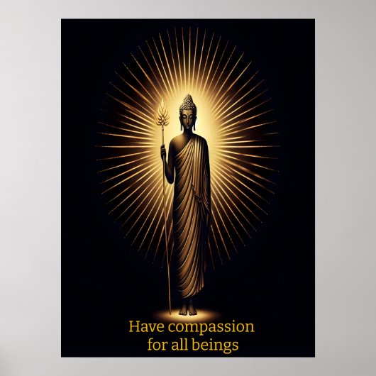 Boeddha staat te midden van stralend licht. poster (Voorkant)