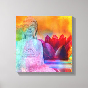 Boeddha-standbeeld & Lotus in water Canvas Afdruk